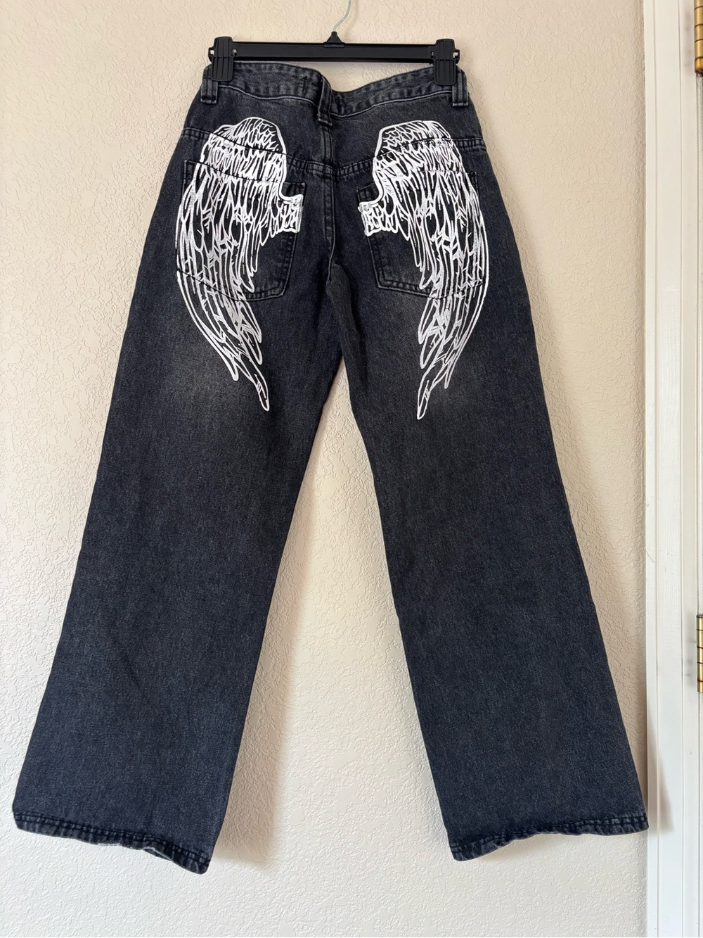 Y2K Disclosure wide leg black jeans with white angel wings graphic size 1/25